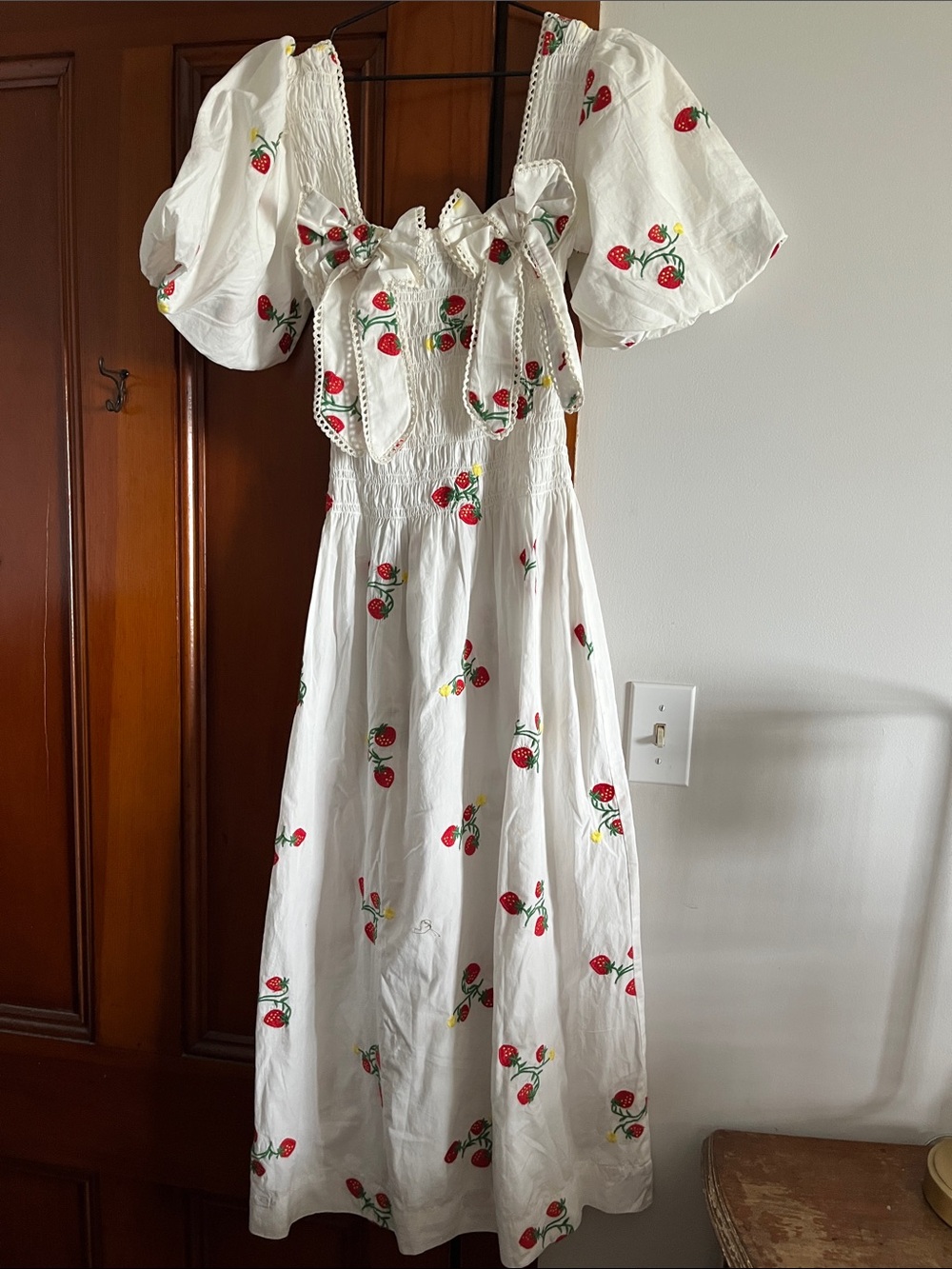 Damson Madder White Strawberry Embroidery Midi Dress with Puff Sleeves - Picture 6 of 16